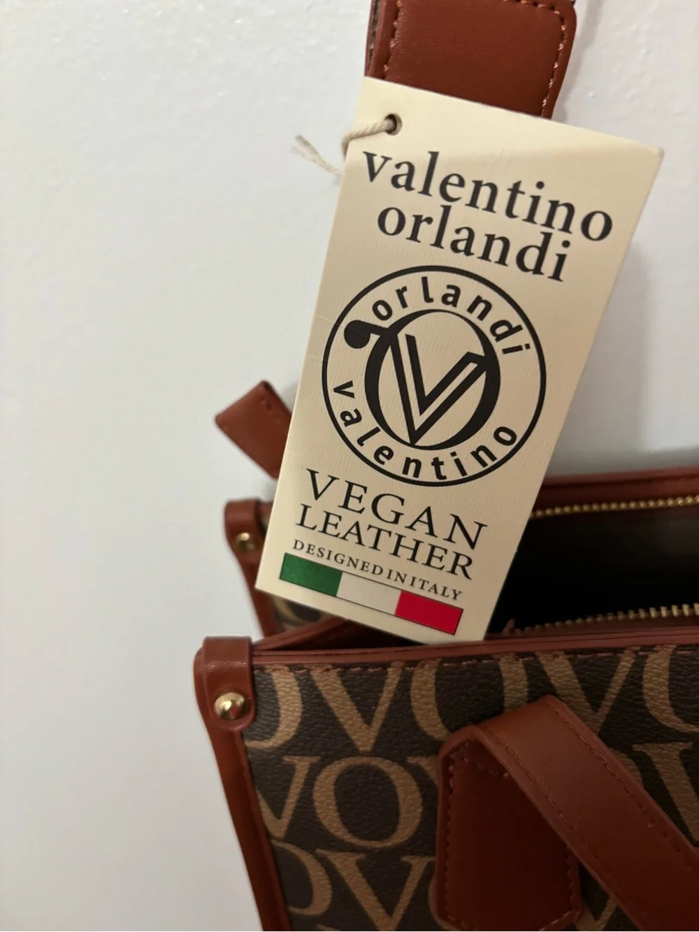 Valentino Orlandi Brown Monogram Tote Bag with Tan Trim